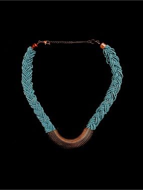 Turquoise Beaded Braided Necklace with Copper Accent